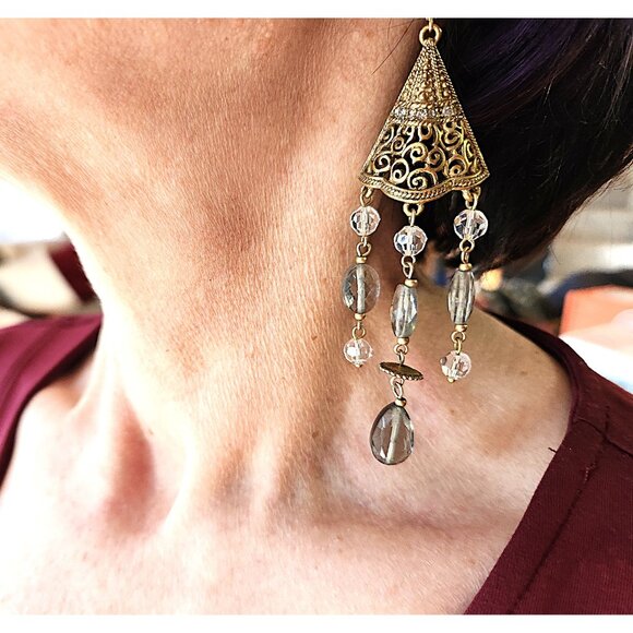 Filigree Crystal Bi-Cone Beaded Dangle Chandelier Earrings BoHo Green - Picture 2 of 11